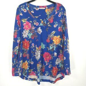 Soft‎ Surroundings Top Cerulean Floral Butterflies Birds V Neck Tunic Size PM